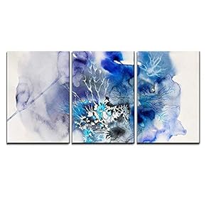 3 Piece Canvas Wall Art - Abstract Painting of Blue Flowers - Modern Home Art Stretched and Framed Ready to Hang - 16"x24"x3 Panels
