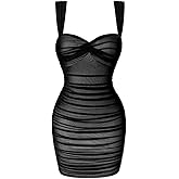 LAGSHIAN Women's Summer Sexy Bodycon Sleeveless Tank Straps Mesh Ruched Mini Party Dress