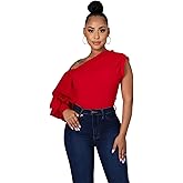 Ekaliy Women Sexy One Shoulder Sleeveless Bodycon High Low Asymmetrical Ruffle Tunics Blouse Shirt Top Dress