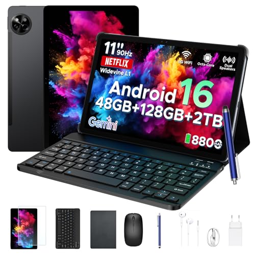POPUX P11 Android 16 Tablet 11 Inch, 48GB RAM+128GB ROM (2TB TF), 90Hz, T7250 Octa-Core, 8800mAh, 13MP+5MP, Gemini AI, Widevine L1, Face ID, GPS, FM, Tablets with Keyboard and Pen, Grey