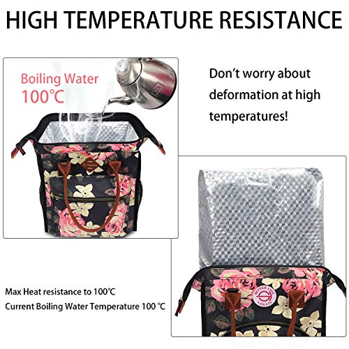 BRINCH Lunch Bag Insulated Lunch Box Leak Proof High Temperature Resistance Lunch Bags for Women Commuter Thermal Lunch Tote Cooler Bag Wide Open Drink Can Organizer Holder with Dual LOGOs, Peony