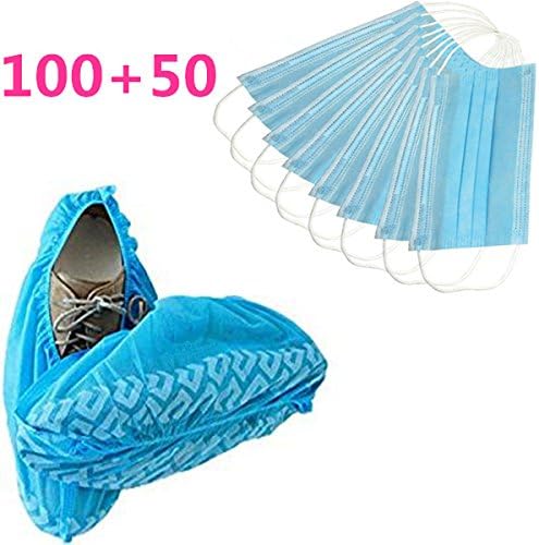 Medipro 150-Pack Disposable Boot &amp; Shoe Covers Durable, Water Resistant, Non-Toxic | One Size Fits Most | 100 Pieces &amp; Disposable Face Masks 50 Pieces (Blue)