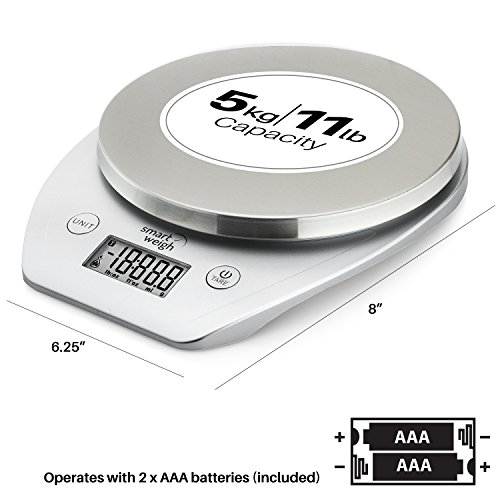 Smart Weigh Multifunction Digital Kitchen and Food Scale with Stainless Steel Platform, Large LCD Display and Six Weighing Modes, 11lb/5kg x 1g/0.1oz , Silver