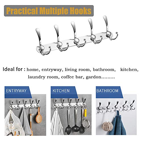 BESy Wall Mounted Coat Hooks Self Adhesive Clothes Robe Hat Rack Rail with 15 Hooks for Bathroom Kitchen Office, Drill Free with Glue or Wall Mount with Screws, Chrome Plated, 2 Packs - Thumbnail 3