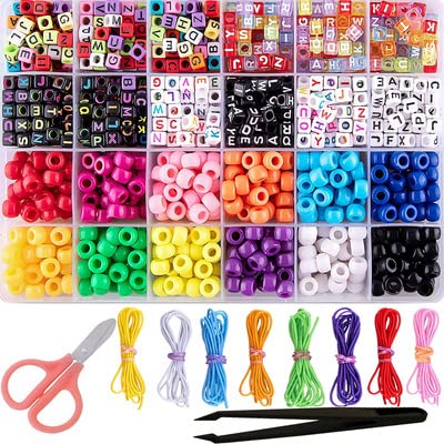 Kikuo 960 Pcs Beads Bracelets String Kit Acrylic Alphabet Cube Letter Beads DIY Necklace with 8 Rolls Colorful Strings 1 Pcs Tweezers and 1 Pair Scissors for Jewelry Making