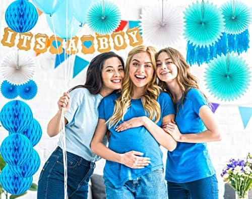 Baby Shower Decoration For Boy kit, It's A Boy Banner Brown, 6 Easy Set Up Honeycomb Balls, 8 Paper Fans, Tassels, Party Decorations By CityWiWe