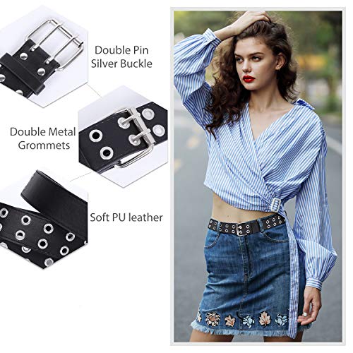 WERFORU Doppel Ösengürtel PU Ledergürtel 2 Loch Punkgürtel für Damen jeans