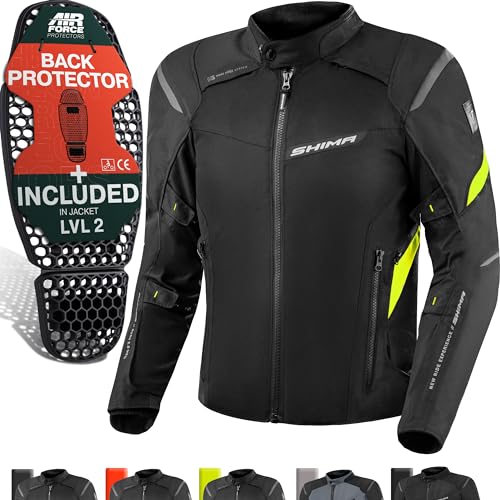 SHIMA RUSH Motorbike Jackets for Men AIRFORCE Back Protector Armour Riding Motorcycle Jacket Summer Winter Bikers Waterproof Lightweight Armoured Motorcycles (Mens, Jacket Regular, Fluo, L)