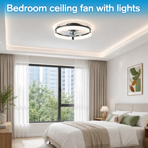 Vutlace Ceiling Fans with Lights and Remote Control, 50cm Flush Mount, 6 Speeds & 3000K–6500K Stepless Dimmable Quiet, Modern Black Ceiling Fan for The Bedroom, Kitchen and Living Room