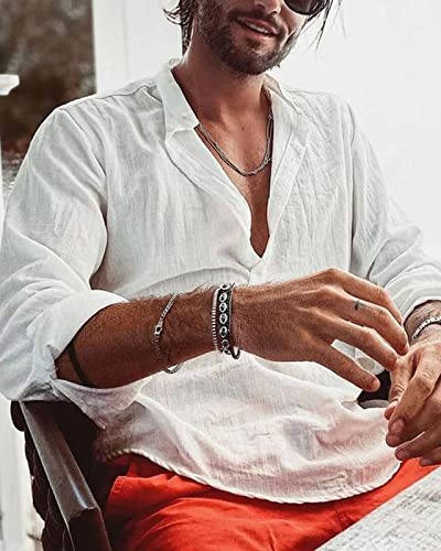 HAKJAY COTTON LINEN SHIRTS FOR MEN CASUAL SHIRTS LONG SLEEVE HENLEY BEACH SHIRTS HAWAIIAN T SHIRTS FOR MEN WHITE SMALL