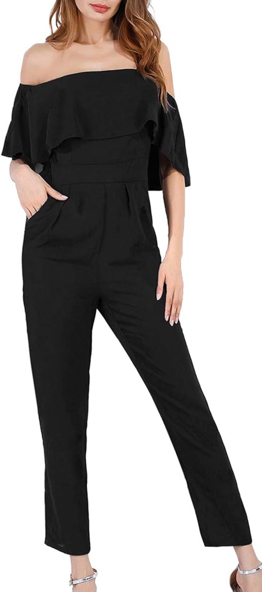 IRICHEE Damen Jumpsuits Schulterfrei Kurze Ärmel Hohe Taille Overall