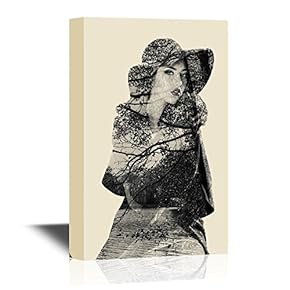 Canvas Wall Art - Double Exposure of a Fashionable Woman with a Hat and a Lake with Trees - Gallery Wrap Modern Home Art | Ready to Hang - 12x18 inches