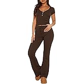 ForeFair Women's Ribbed Knit 2 Piece Pajama Set Short Sleeve V Neck Button Crop Top And Flare Long Pants PJ Set Sleepwear
