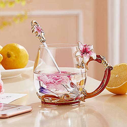 Tea Cup Coffee Mug Cups, Lily Flower Glass Tea Cup, Unique Personalized Birthday Present Ideas for Women Grandma Mom Teachers Hot Beverages 12OZ Pink