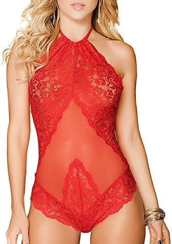 Women Sexy Lace Teddy Lingerie Halter Bodysuit Babydoll Chemise (Red)
