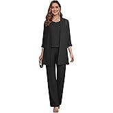 OXQLY 3 Piece Mother of The Bride Pant Suits with 3/4 Sleeves for Wedding Chiffon Formal Evening Pantsuits for Women
