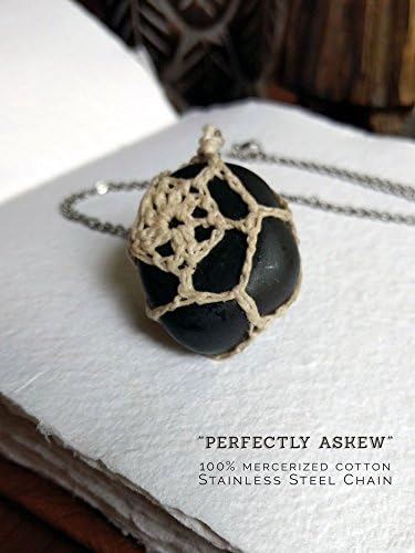 Wrapped Black Stone Necklace - Perfectly Askew - Bohemian 100% Cotton Wrapped Natural Black River Stone on 20" Stainless Steel Chain