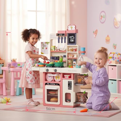 Prikpont Kids Toy Kitchen Playset, 63 Pcs Play Kitchen Set for Kids with Real Interactive Lights & Sounds, Water Sink & Accessories, Pretend Cooking Set Toy, Ideal Birthday Gift for Girls Age 3+