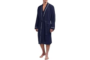 HOLOVE Men's Pure Cotton Bathrobe Lightweight Kimono and Hooded Spa Robes Soft Sleepwear