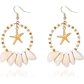 Peasimy Boho Starfish Shell Earrings for Women Geometric Rice Bead Round Dangle Earrings Summer Coastal Nautical Beach Jewelry