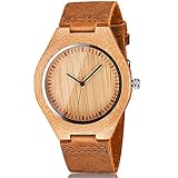 CUCOL Natural Bamboo Wooden Watch with Genuine Brown Leather Strap Japanese Quartz Movement Casual Watches