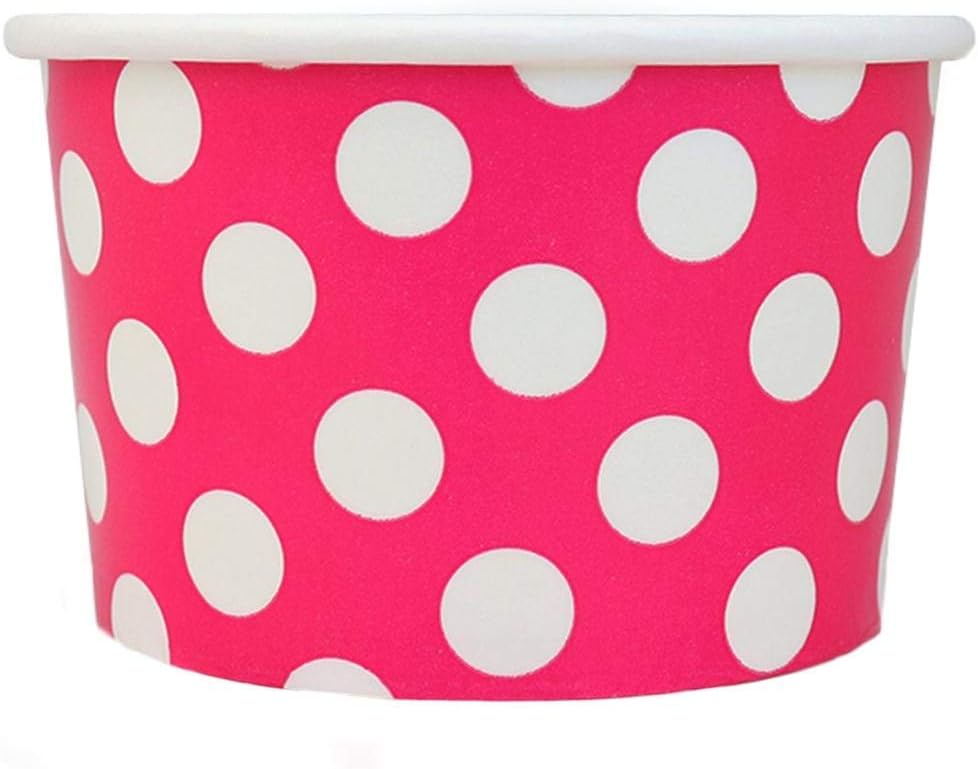 [100 Count] Valentine's Day Pink Paper Ice Cream Cups - 4 oz Polka Dot Dessert Bowls - Comes In Many Colors & Sizes! Frozen Dessert Supplies