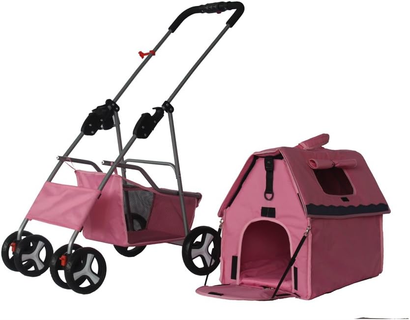 Pet trolley NAUY- 4-wheels Foldable Dog Cart Cat Car Daily Necessities Dog Cottage Teddy House 4 Seasons Universal(L65*W47*H100cm) (color : PINK)