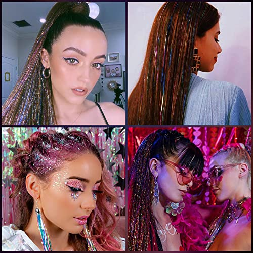 SYGY 10PCS Hair Tinsel Kit, 5 Colors 2000 Strands Tinsel Hair Extensions Kit with Tools, 47 Inches Fairy Hair Tinsel for Women Girls Hair Accessories, Glitter Hair Tinsel Heat Resistant for Halloween Cosplay Christmas New Year Party