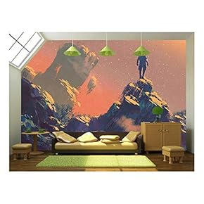 Man Standing on Top of The Hill Watching The Stars,Illustration Painting - Removable Wall Mural | Self-Adhesive Large Wallpaper - 66x96 inches