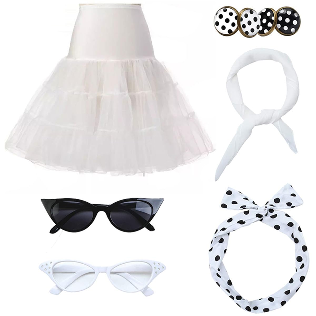 FAIRYRAIN 7 Pcs 1950's Women Halloween Costume Accessories Set,Retro Skirt Cat Eye Glasses Bandana Tie Headband Earrings — image 1