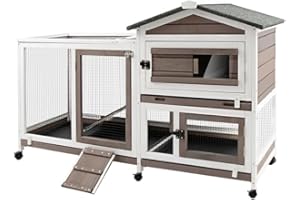 Ketive Rabbit Hutch Indoor Outdoor Two Story Bunny Hutch with Wheels Guinea Pig Cage with Removable No Leaking Tray Wooden Pet House