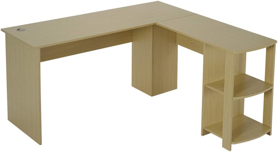 PananaHome Large L-shaped Computer Desk Corner PC Laptop Study Table Workstation Gaming Desk with Shelves for Home and Office Oak