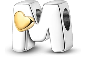 Parmuz 925 Sterling Silver Letter Charms A-Z for Bracelets Necklace Golden Heart Alphabet Initial Beads Pendant Jewelry Gift for Women