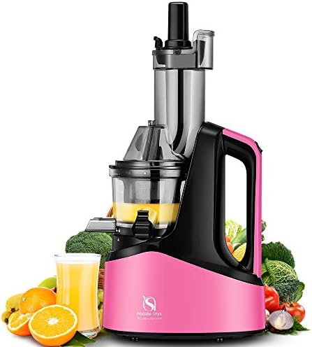 Natalie Styx Juicer Slow Masticating Juicer Extractor, 3" Wide Chute Anti-Oxidation Cold Press Juicer , 240W AC Motor, with Juice Jug and Brush, High Nutrient Fruit and Vegetable Juice, Pink