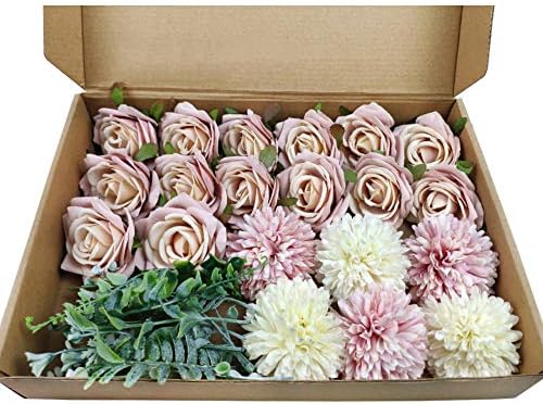 WATMAID DIY Bouquet 14pcs Artificial Roses and 6pcs Epaltes Australis for Wedding Bouquets Combo Realistic Roses Party Home Decorations, Champagne Pink