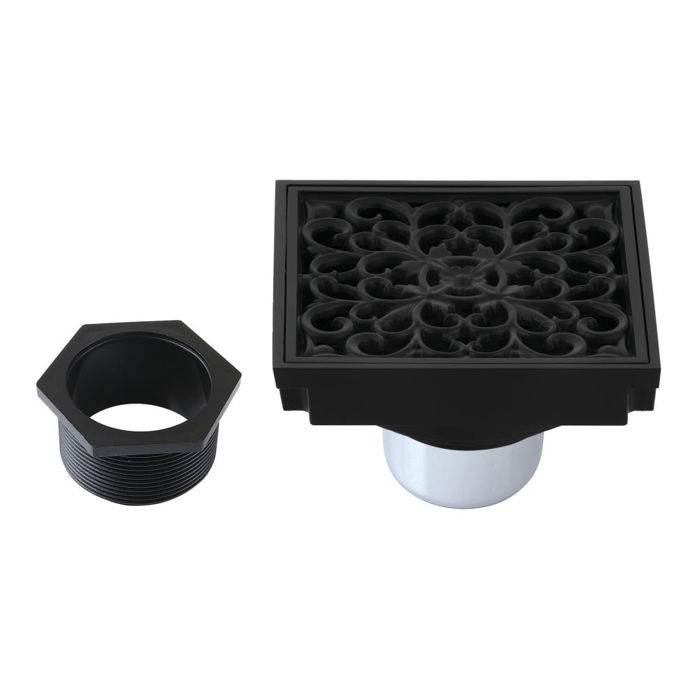 Photo 1 of ***USED SHOWS SIGNS OF HEAVY USAGE*** Scroll 4" Brass Square Grid Shower Drain with Hair Strainer, Matte Black