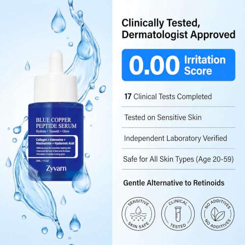 Copper Peptide Serum for Face - 0.5% GHK-Cu & 0.25% Bakuchiol Hydration - Gentle 0.00 Irritation AM/PM Skincare for Glass Skin Glow & Fine Lines, 65g