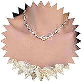 Iaceble Boho Tube Beaded Necklace Floating Pearl Choker Necklace Silver Irregular Beaded Chain Necklace Single Pearl Necklace Chain Jewelry for Women