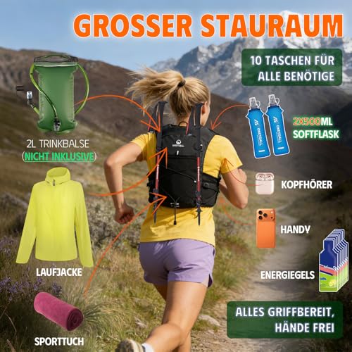 ONETOALL Women's Running Vest with 2 Foldable Water Bottles, 500 ml, Hydration Vest Running Vest Running Backpack Hydration Backpack Reflective for Marathon Trail Running Jogging Cycling