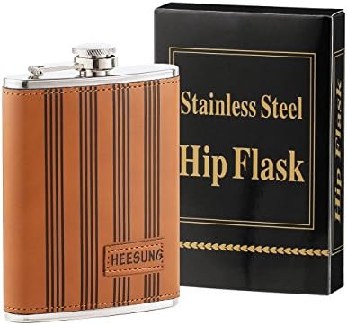 Heesung Stainless Steel Hip Flask Wrapped Brown Leather With Rectangle Logo, Whiskey Hip Flask And Liquor Flask 8 OZ ,Metal Flask Attached Screw on Cap .