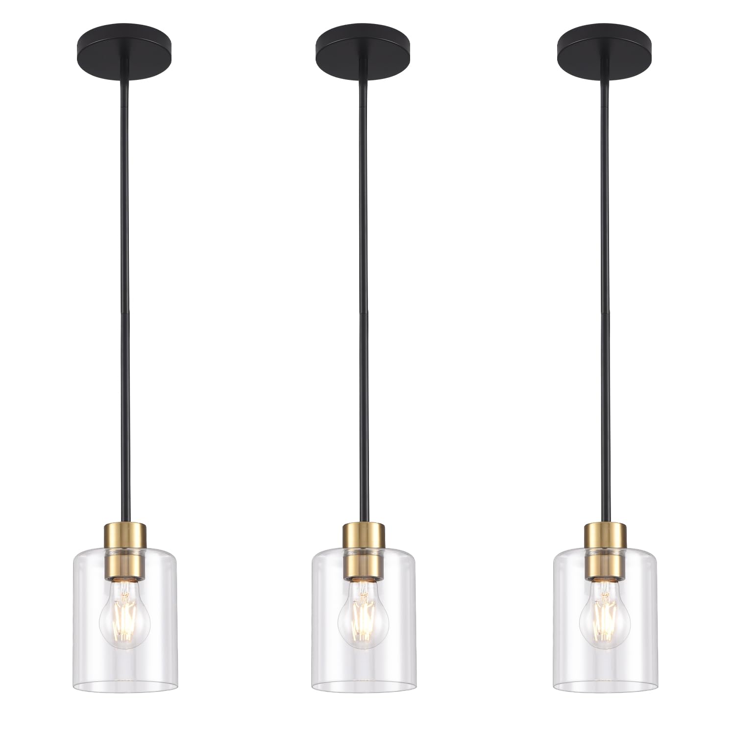 Photo 1 of KLSS Black Brass Pendant Lights Kitchen Island - Clear Glass Pendant Light Fixture Multiple Stems Rods 3 Units 12 Inch 3 Units 4 Inch (3 Pack Black Brass Downrod)