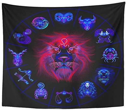 SSKBJTBDW Lion Neon Horoscope Circle with Signs of Zodiac Astrology Leo Pisces Cancer Sun Tapestry Soft Polyester Cotton Appropriate Size Nice Wall Hanging Decoration