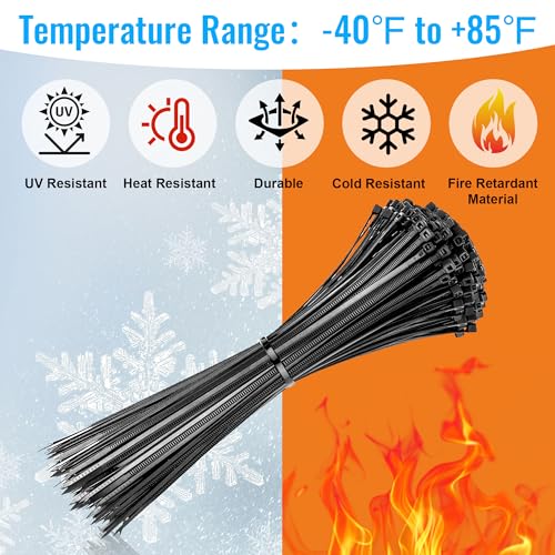 Hosuni Black Plastic Cable Ties UV 500 x 8 mm, 100 Pieces Black Cable Ties Professional Cable Ties, Temperature Resistant, for Office, Home, Outdoor, Garden
