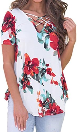 Women Casual Short Sleeve Flower Floral Printed T-Shirt Blouse Tops (USS=Label SizeM, P-Red)