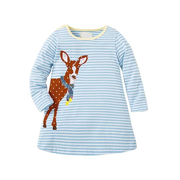 Budazo Girls Horse Casual Stripe Dresses, Cotton Cute Applique Pattern Long Sleeve Special Occation Dress for Kids