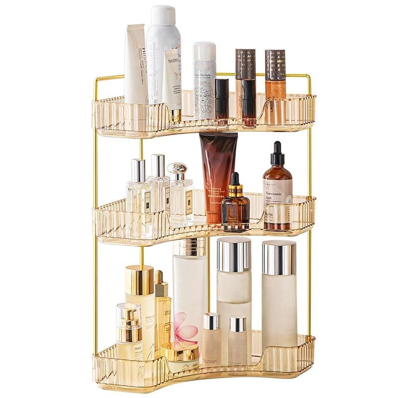 Corner Bathroom Organiser, Vanity Tray for Skincare Makeup, Counter Shelf for Cosmetics, Toiletries, Lotions, Perfumes (3 Tiers, Amber) โ image 1