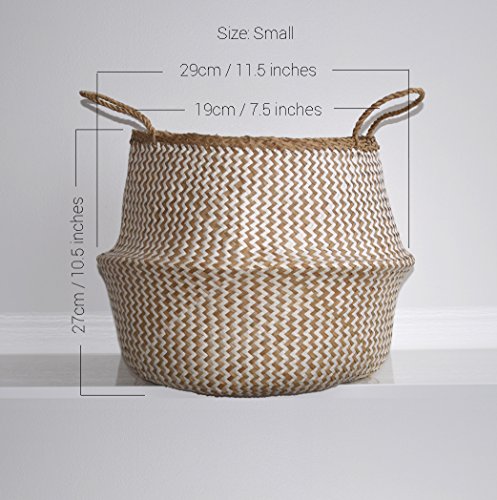 dufmod-Small-Natural-and-Plush-Woven-Seagrass-Tote-Belly-Basket-for-Storage-Laundry-Picnic-Plant-Pot-Cover-and-Beach-Bag-Plush-Zigzag-Chevron-Seagrass-White-Small