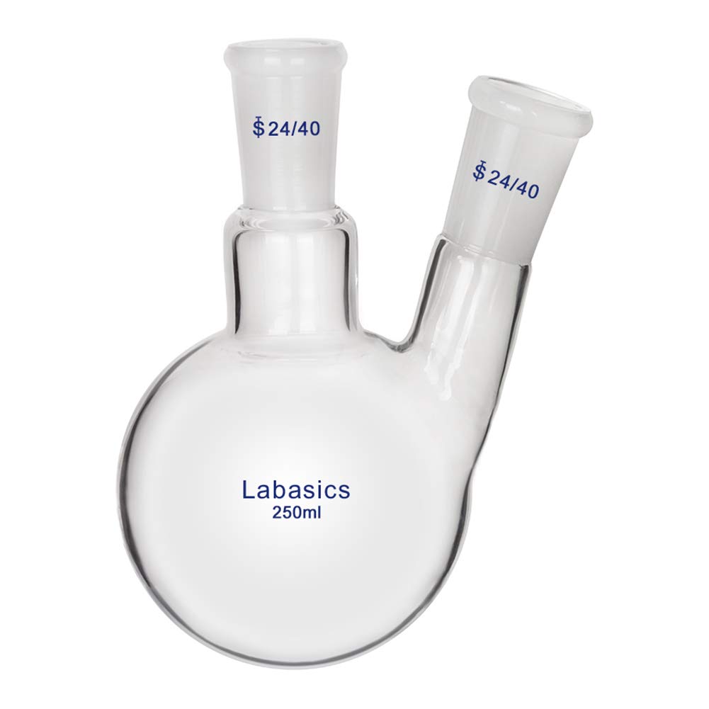 Labasics Glass 250ml 2 Neck Round Bottom Flask RBF, with 24/40 Center and Side Standard Taper Outer Joint, 250ml — image 1
