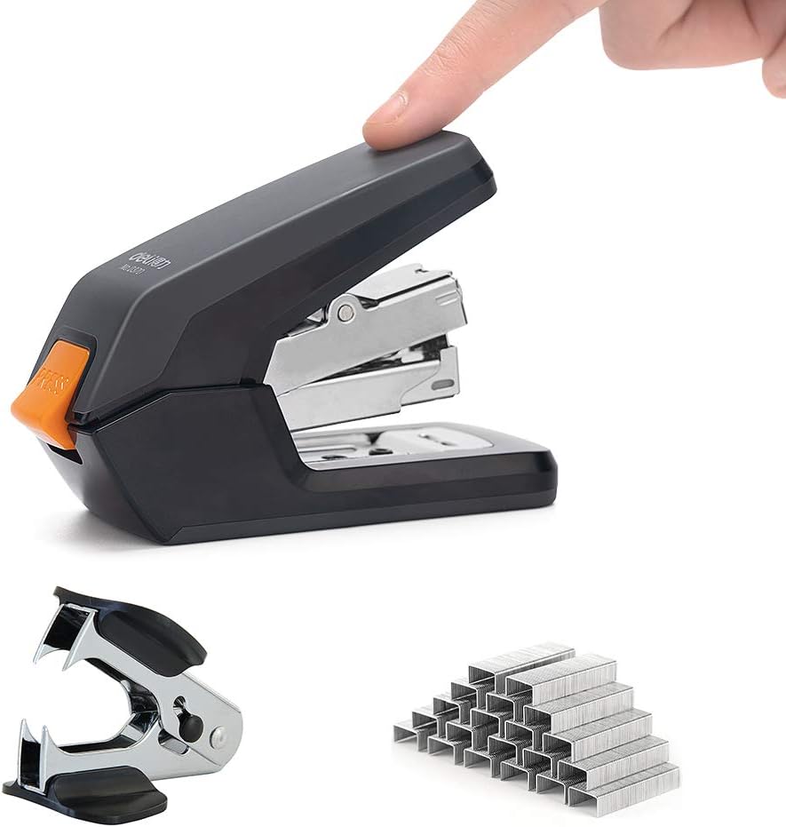 Deli Effortless Desktop Stapler, 40-50 Sheet Capacity, One Finger Touch Stapling, Easy to Load Ergonomic Heavy Duty Stapler, Includes 1500 Staples and Staple Remover : Office Products