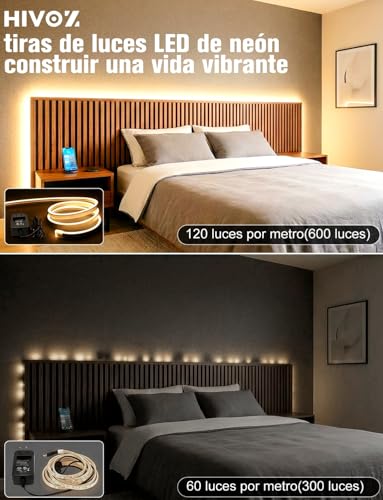 Tira LED Neón 5M Blanco Cálido, 120 LED/m 600 LEDs, IP65 Impermeable, Tira de Luces LED Flexible de Silicona Cortable 12V para Decoración de Habitación, Sala, Cocina, TV, Jardín y Exterior